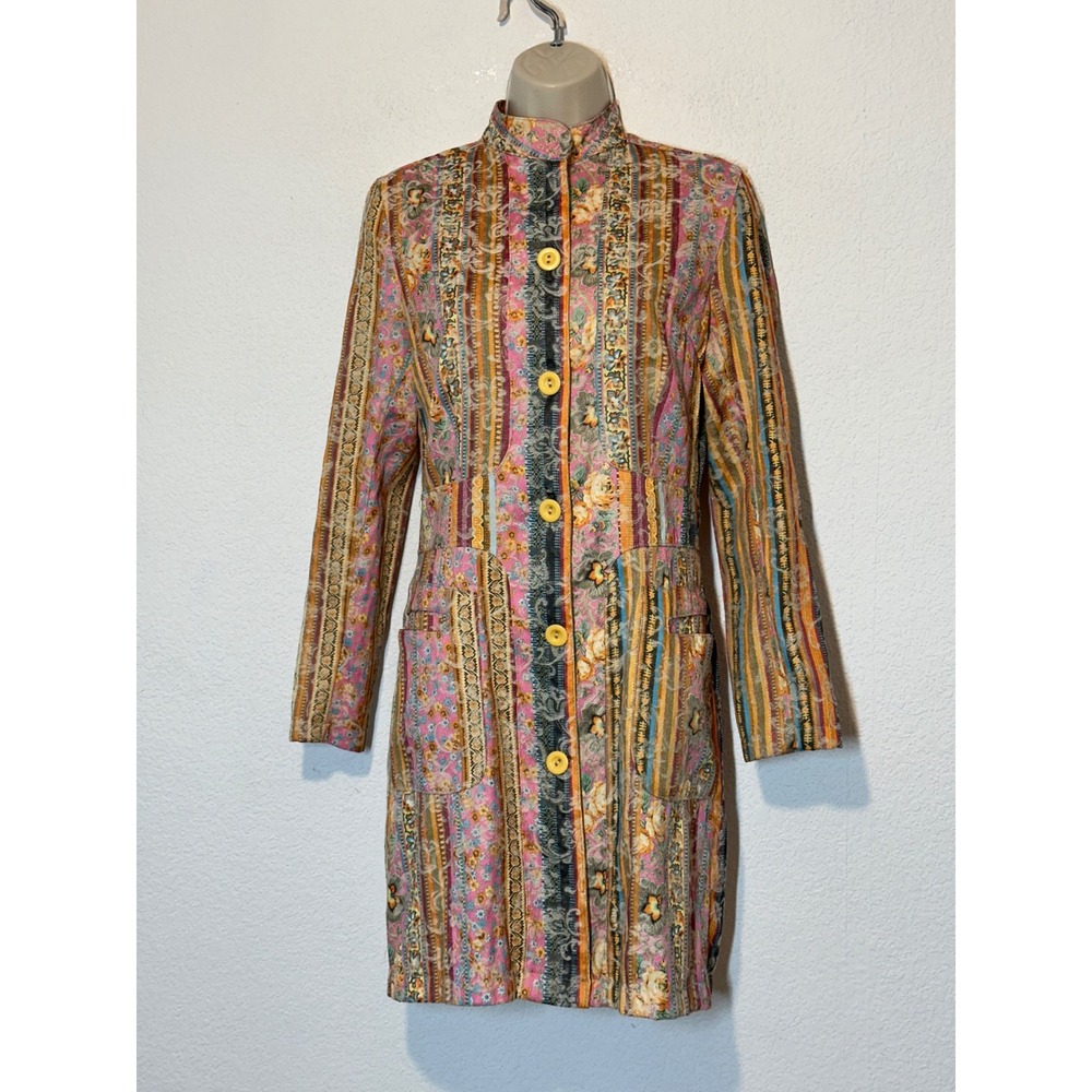 Bubbi Argentina Womens Multi Color Floral Striped Tapestry Longline Coat Size 2